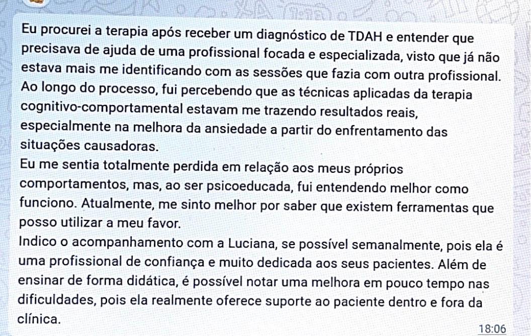 Depoimento de paciente com TDAH sobre resultados da terapia cognitivo-comportamental