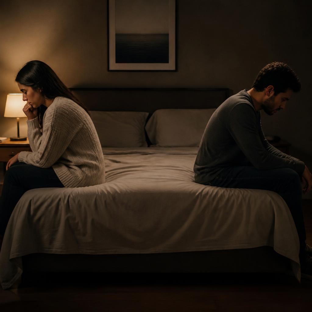 Casal triste sentado de costas na mesma cama